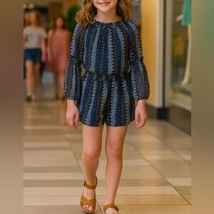 Girls Blue/White/Black Floral Printed Long Sleeves Romper